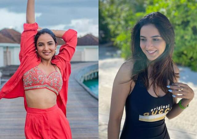 Jasmin Bhasin maldives photos are all over the internet where she wears  black swimsuit | Jasmin Bhasin Photos: मालदीव में रेत पर बैठे आहें भरती  दिखीं Jasmin Bhasin, ब्लैक स्विमसूट में दिए कातिलाना पोसेस