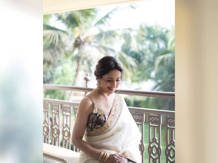 या साडीसोबत तिने निळ्या रंगाचा एम्ब्रॉयडरी असलेला स्लीव्हलेस ब्लाउज कॅरी केला आहे. या लूकमध्ये अभिनेत्री बाल्कनीत उभी राहून सुंदर फोटो पोज देत आहे.