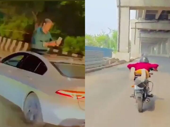 Gautam Buddh Nagar performing stunt on car roof video viral after bike rider stunting ANN Gautam Buddh Nagar में स्टंटबाजी का 'खेल' जारी, अब कार की छत पर स्टंट करते वायरल वीडियो