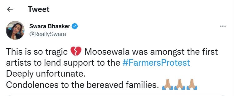 Moosewala Murder: ਸਿੱਧੂ ਮੂਸੇਵਾਲਾ ਦੇ ਕਤਲ 'ਤੇ Swara Bhaskar ਨੇ ਜਤਾਇਆ ਦੁੱਖ, ਫੈਨਜ਼ ਨੇ ਕੀਤਾ ਟ੍ਰੋਲ