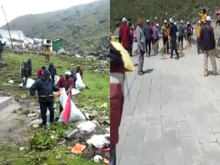 Tourists with govt cleanliness drive in Kedarnath Dham after PM Modi expressed concern over waste dumps in Char Dham Yatra Char Dham Yatra 2022: PM मोदी की अपील का दिखा असर, केदारनाथ में लोगों ने चलाया सफाई अभियान