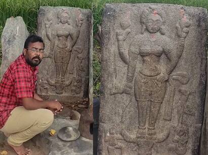 Villupuram Discovery of a 1200 year old coffin statue found near Gingee விழுப்புரம்: செஞ்சி அருகே கண்டறியப்பட்ட 1,200 ஆண்டுகள் பழமையான கொற்றவை சிலை கண்டெடுப்பு