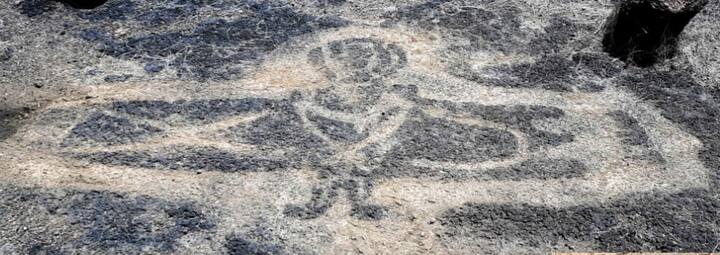 कातळशिल्पांमध्ये सहा मनुष्याकृती, तीन चतुष्पाद प्राणी, दोन मासे, गोलाकृती व अन्य 12 अमूर्त शिल्पे, एक शिल्पपट्ट किंवा मांड याचा समावेश आहे. यापैकी काही कातळशिल्पे झिजलेली असून काही अतिशय सुस्थितीमध्ये आहेत. अगदी सुरुवातीलाच 20 फूट व्यासाचे एक वर्तुळाकृती कातळशिल्प नजरेला पडते.