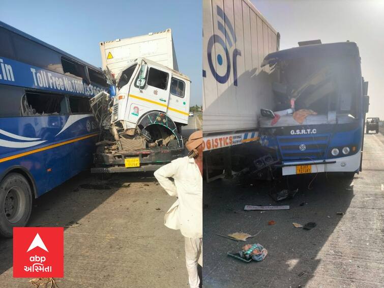 Terrible accident between ST bus and truck on Una-Bhavnagar National Highway ઉના-ભાવનગર નેશનલ હાઇવે પર એસટી બસ અને ટ્રક વચ્ચે  ભયંકર અકસ્માત