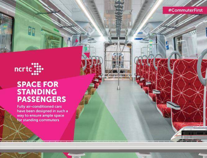आरआरटीएस ट्रेनों में एर्गोनॉमिक रूप से डिजाइन की गई ट्रान्सवर्स बैठने की सीट, खड़े होने के लिए चौड़ी जगह, लगेज रैक, सीसीटीवी कैमरे, लैपटॉप, मोबाइल चार्जिंग सुविधा, डायनेमिक रूट मैप, ऑटो कंट्रोल एम्बिएंट लाइटिंग सिस्टम, हीटिंग वेंटिलेशन और एयर कंडीशनिंग सिस्टम समेत अन्य सुविधाएं हैं. वहीं वातानुकूलित आरआरटीएस ट्रेनों में स्टैण्डर्ड क्लास और प्रीमियम वर्ग (प्रति ट्रेन एक कोच) के साथ-साथ एक कोच महिला यात्रियों के लिए आरक्षित होगा.  फोटो साभार- (नेशनल कैपिटल रीजन ट्रांसपोर्ट कॉरपोरेशन ट्विटर)