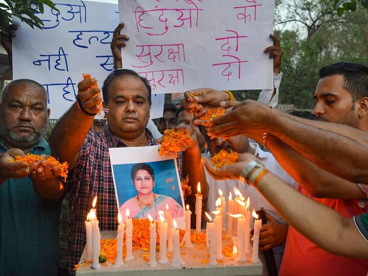 Protests erupted in Jammu and Kashmir after a Kashmiri Pandit teacher was killed on May 31 outside the school where she taught. (PTI)