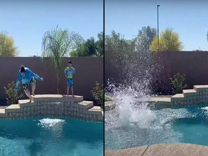 Viral video: Woman teaching son how to jump into pool hilariously falls into it, makes gigantic splash நீச்சல் கற்றுக்கொடுப்பதாகக் கூறி மகனின் முன் பல்பு வாங்கிய அம்மா: வைரலாகும் வீடியோ