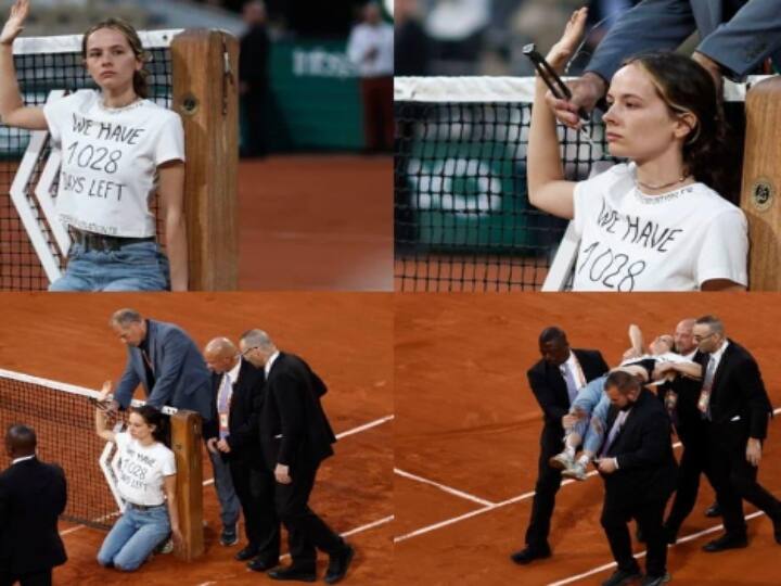 Woman protestor ties herself to the net during French Open semi-final, pics go viral வெள்ளை டிசர்ட்! 1028 நாட்கள்... டென்னிஸ் மைதானத்துக்குள் நுழைந்த 22 வயது பெண்! பதறிய வீரர்கள்!