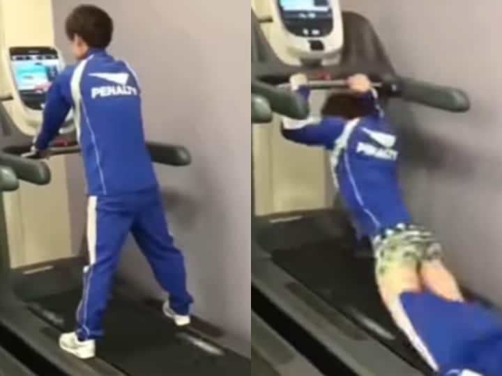 Boy fell down from treadmill during exercise video viral Shocking Video: ट्रेडमिल पर धड़ाम से गिरा ये लड़का, फिर उतर गई…
