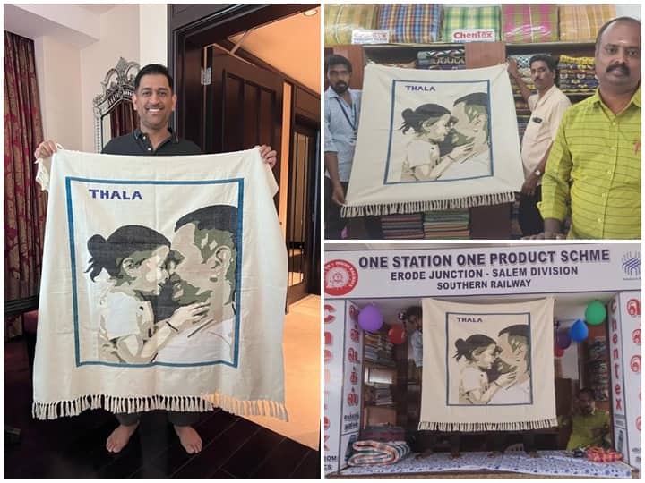 Appusamy running Handloom stall at Erode designed a cloth artwork with MS Dhoni and his daughter MS Dhoni: कलाकार ने कपड़े पर उकेरी धोनी-जीवा की खास तस्वीर, माही ने खुद जाकर खरीदा