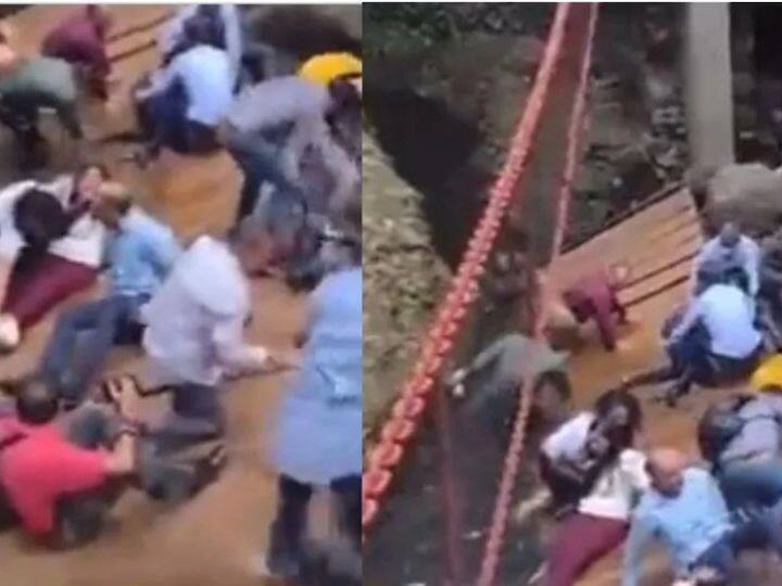 bridge collapsed during the inauguration, the mayor along with his wife fell into the Drain; Watch viral video उद्घाटनावेळीच तुटला पूल, पत्नीसह महापौर पडले नाल्यात; पाहा व्हिडीओ