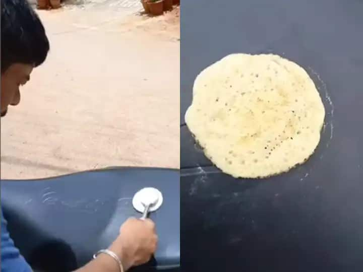 India Heat: amazing video viral of a man, he make dosa on her scooty seat ખતરનાક ગરમીઃ એક શખ્સે ગરમ થઇ ગયેલી સ્કૂટીની સીટ પર જ બનાવી દીધા Dosa, લોકો જોઇને રહી ગયા દંગ, જુઓ VIDEO......