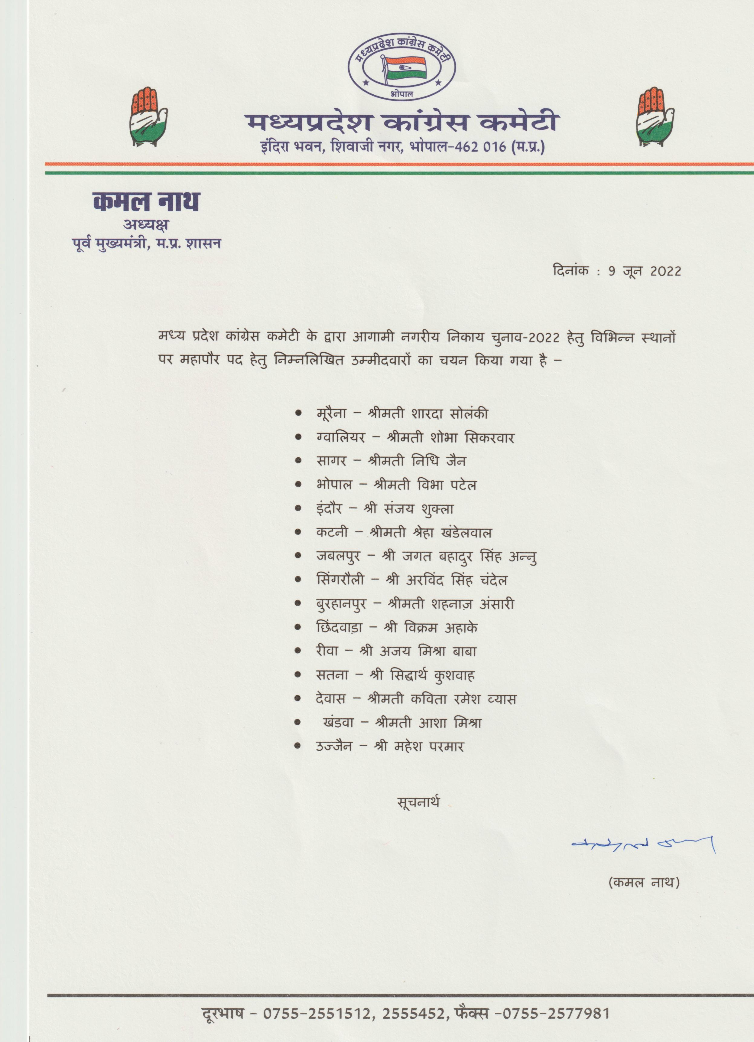 MP Local Body Election: कांग्रेस ने नगर निगम की 15 सीटों पर किया मेयर के उम्मीदवारों का एलान, पढ़ें लिस्ट