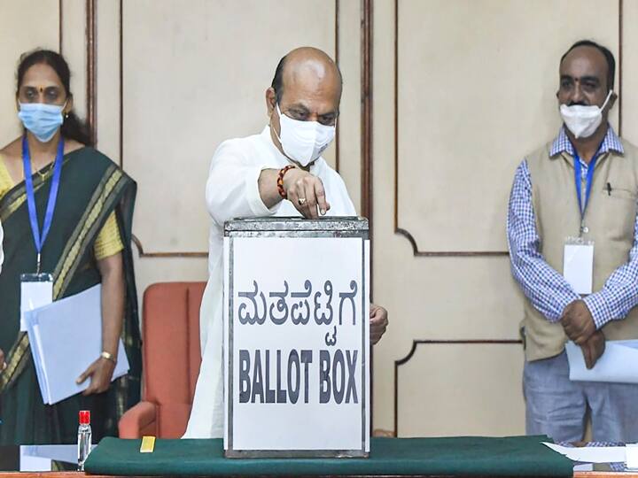 Karnataka CM Basavaraj Bommai casts his vote during Rajya Sabha elections, in Bengaluru. (Photo: Karnataka CMO)
