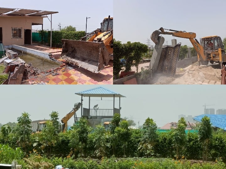 Noida Authority with bulldozer started demolishing illegal construction in Yamuna submergence area ANN Watch: अवैध फार्म हाउस पर चला नोएडा अथॉरिटी का बुलडोजर, अब इन अवैध निर्माण को तोड़ना है लक्ष्य