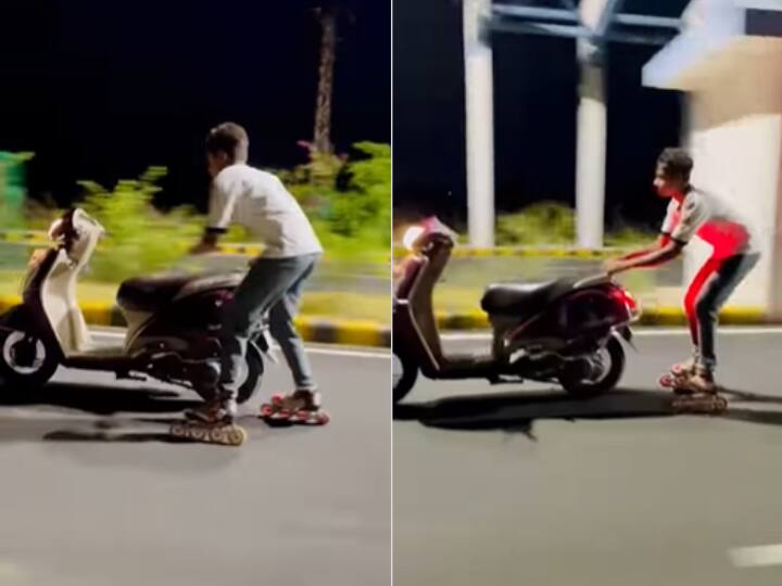 boy performing dangerous stunt with skates and scooty Viral Video: स्केट्स पहनकर युवक ने स्कूटी के साथ किया खतरनाक स्टंट, वीडियो देख दंग रह जाएंगे आप