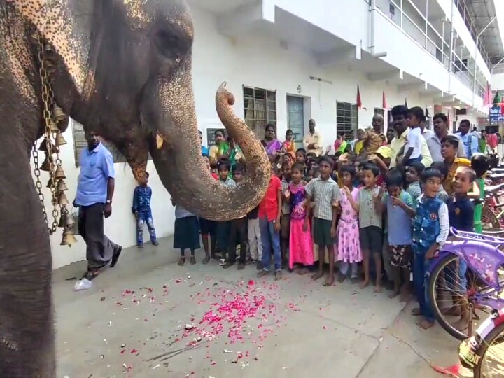 மலர் தூவி மாணவர்களை வரவேற்ற யானை;ஜாலியாக வகுப்பிற்கு சென்ற குழந்தைகள் - வைரல் போட்டோஸ்