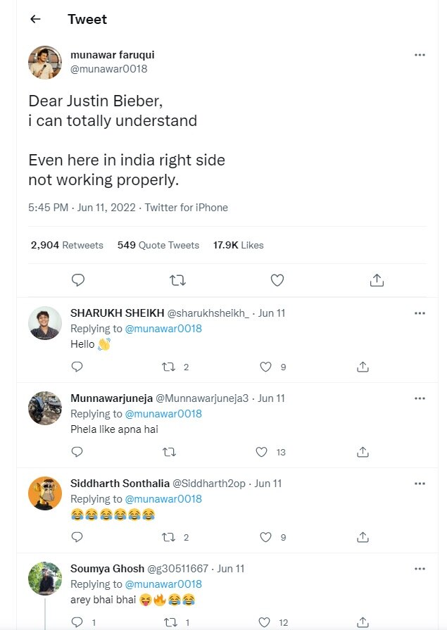Justin Bieber के पैरालिसिस पर मुनव्वर फारूकी ने किया हैरान करने वाला ट्वीट, लोग देने लगे ऐसे-ऐसे रिएक्शन