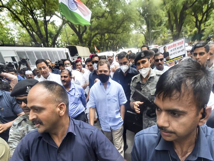 Wayanad MP Rahul Gandhi arrived at the probe agency in central Delhi around 11 AM after he started from the Congress office on Akbar Road accompanied by a large convoy of party leaders including Priyanka Gandhi Vadra, Rajasthan Chief Minister Ashok Gehlot and Chhattisgarh Chief Minister Bhupesh Baghel. (PTI Photo/Manvender Vashist)