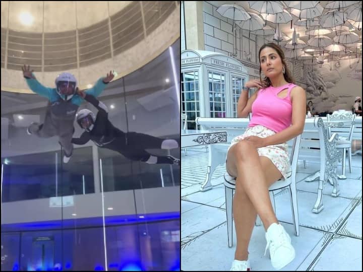 Hina Khan was seen flying in the world largest indoor skydiving share video Watch: दुनिया के सबसे बड़े इनडोर स्काईडाइविंग में उड़ती नजर आईं हिना खान, देखकर घूम जाएगा सिर