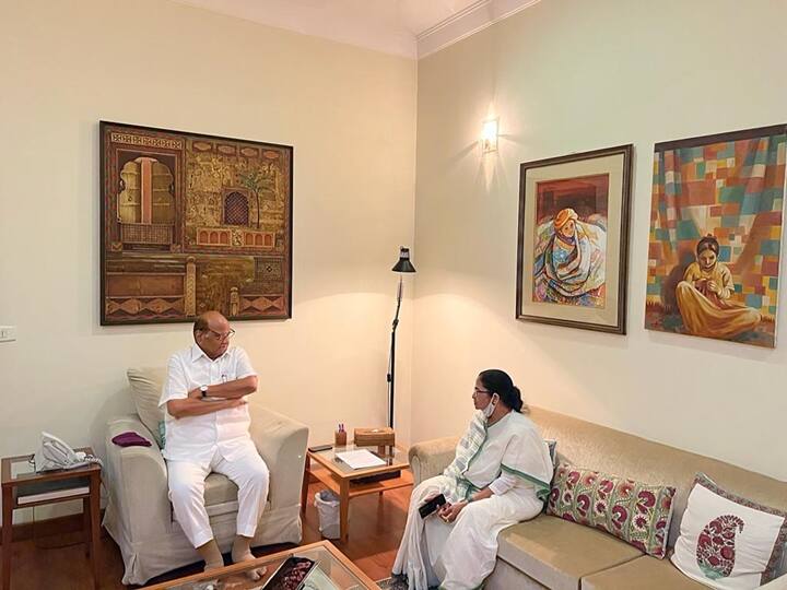 West Bengal CM Mamata Banerjee met NCP chief Sharad Pawar at his residence in Delhi Mamata Banerjee Holds Talks With Sharad Pawar Ahead Of Opposition Meeting On Presidential Polls