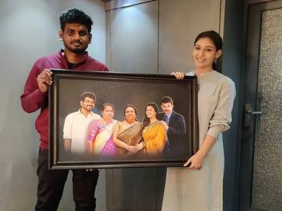 Actress Nayanthara received the Fans Surprise Gift நயன்தாராவுக்கு வந்த ‛சர்ப்ரைஸ்’ கிப்ட்... கதவை தட்டி பரிசளித்த வெறித்தனமான ரசிகர்!