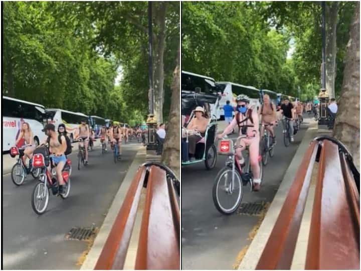 London one thousand people riding cycle in world naked bike ride video viral World Naked Bike Ride: लंदन में 1000 लोगों ने अर्धनग्न होकर चलाई साइकिल, जानिए क्या है मामला