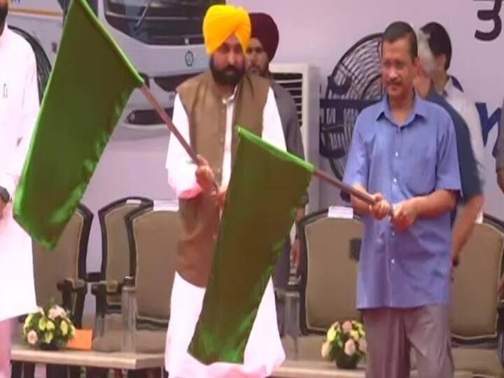 Delhi CM Arvind Kejriwal along with Punjab CM Bhagwant Mann flag off luxurious Volvo buses to ISBT Jalandhar to IGI Airport Volvo Bus Service: जालंधर से दिल्ली एयरपोर्ट के लिए वोल्वो बस सेवा को हरी झंडी, CM केजरीवाल-भगवंत मान ने किया रवाना