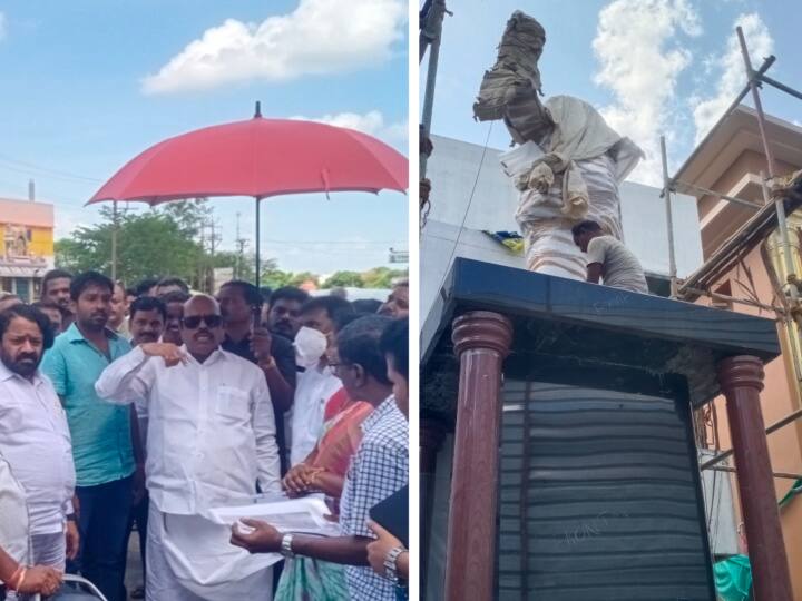 Karunanidhi statue statue to be erected overnight by DMK workers  BJP to reach court former Chief Minister Karunanidhi திருவண்ணாமலை : இரவிலேயே வேகமெடுத்த பணிகள்.. பீடத்தில் ஏற்றப்பட்ட முன்னாள் முதல்வர் கருணாநிதி சிலை