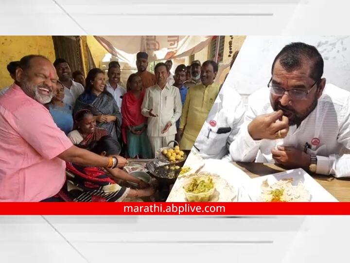 Maharashtra Sadabhau Khot Mahadev Jankar fried Vada  Sadabhau eat bhakri and thecha in solapur Solapur News : महादेव जानकरांनी तळले वडे, सदाभाऊंनी थ्री स्टार हॉटेलात बसून मारला घरगुती ठेचा-भाकरीवर ताव