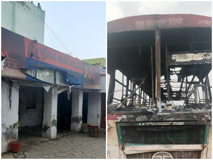 Ruckus in Aligarhs Tappal protesters burnt many buses bikes including Jattari Chowki ANN Protest in UP: अलीगढ़ के टप्पल में बवाल, प्रदर्शनकारियों ने जलाई जट्टारी चौकी समेत कई बसें