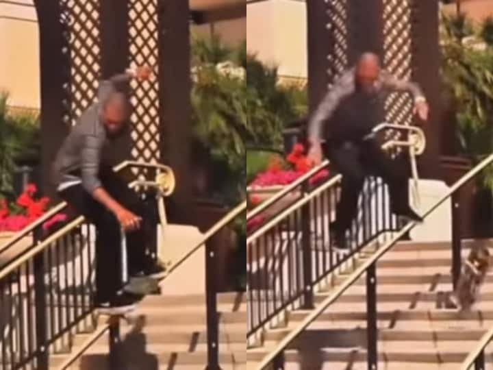 Man funny skateboarding video viral on social media Viral Video: सीढ़ियों की रेलिंग पर स्केट बोर्ड चला रहा था शख्स, तभी हुआ कुछ ऐसा...
