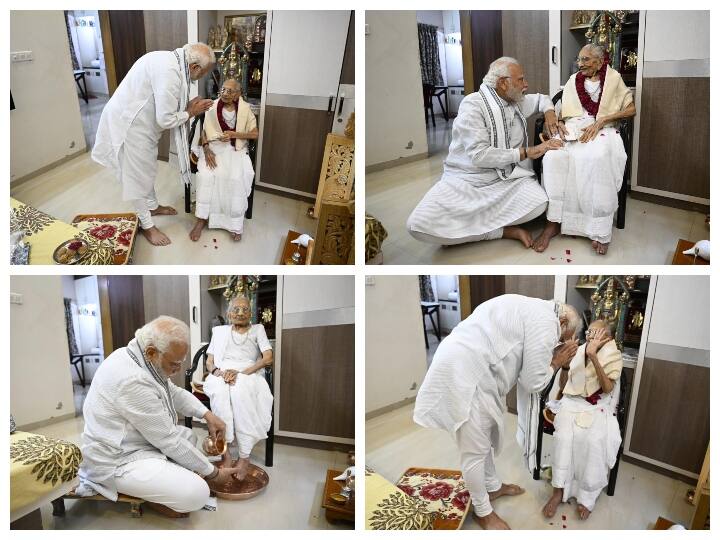 Maa This Isnt A Mere Word PM Modi Visits Mother On Her Birthday பிரதமரின் தாய்க்கு 100வது பிறந்தநாள்.. பாதம் கழுவி நன்றி சொன்ன மோடி! உணர்வுபூர்வமான கடிதம்!