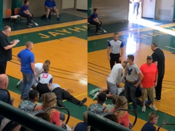 referee collapsed by heart attack during basketball match player saves life by cpr Watch: बास्केटबॉल मैच के दौरान रेफरी को आया हार्ट अटैक, खिलाड़ी ने CPR देकर बचाई जान