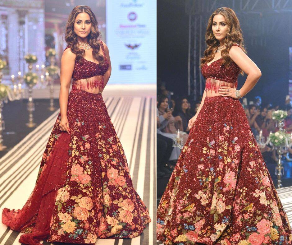 Hina Khan ramp walk in maroon lehenga choli see new Photos here | Hina ...
