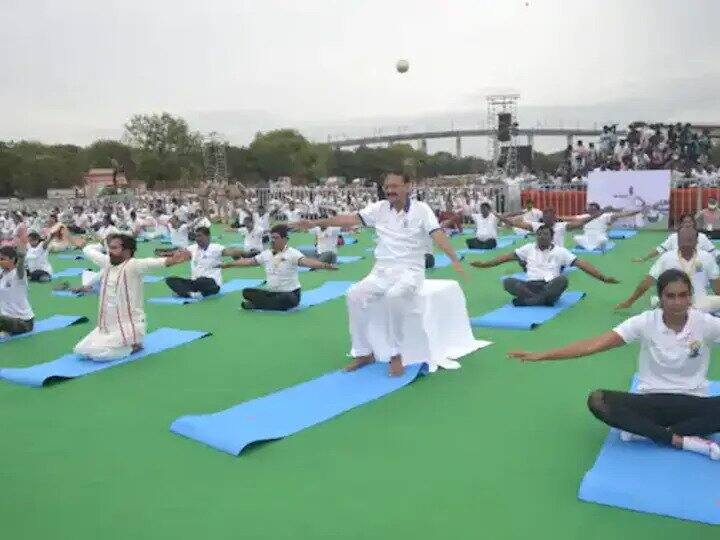 International Yoga Day 2022 Celebrations were held at Parade Grounds in Secunderabad on Tuesday. (Image: ABP Desam)
