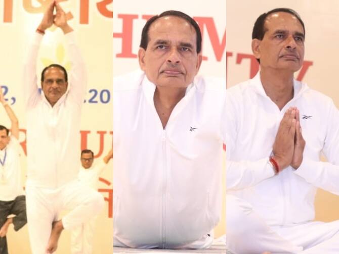 International Yoga Day 2022 Celebrated In Madhya Pradesh CM Shivraj Singh Chouhan Do Yoga In Bhopal ANN | Yoga Day 2022 Celebration In Pics: अंतरराष्ट्रीय योग दिवस पर भोपाल में मुख्यमंत्री शिवराज