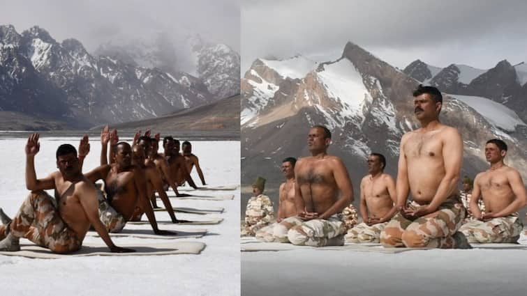 International Yoga Day 2022  Indo Tibetan Border Police celebrates International Yoga Day 2022 in Ladakh RTB International Yoga Day 2022: যোগ দিবসে খালি গায়েই ১৭ হাজার ফিট ওপরে বরফে যোগ ব্য়ায়াম আইটিবিপি জওয়ানদের