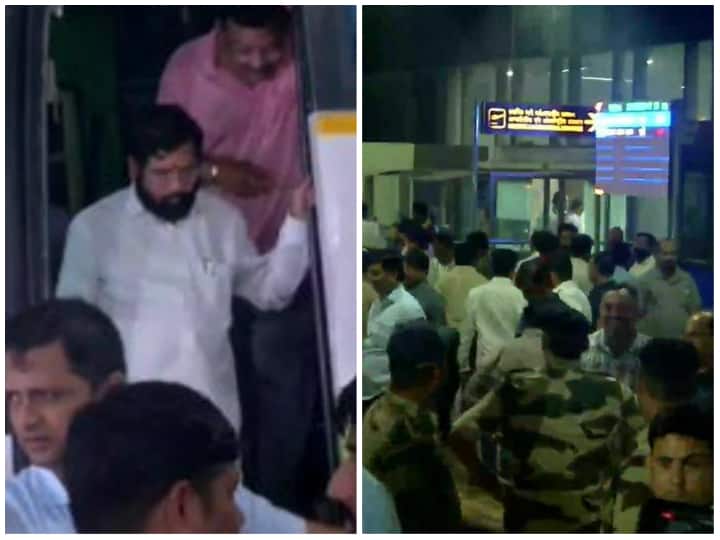 Eknath Shinde reached Surat airport to leave for Guwahati along with 34 Shiv Sena and 7 independent MLAs Maharashtra Politics: शिवसेना के बागी विधायकों के साथ गुवाहाटी पहुंचे एकनाथ शिंदे, 40 MLA साथ होने का दावा