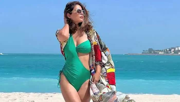 Hina Khan flaunting her curves in hot beach wear from dubai sea beach હિના ખાનનો બિકીનીમાં જલવો, બીચ પર લીલા રંગની બિકીનીમાં કરાવ્યુ હૉટ ફોટોશૂટ, તસવીરો વાયરલ