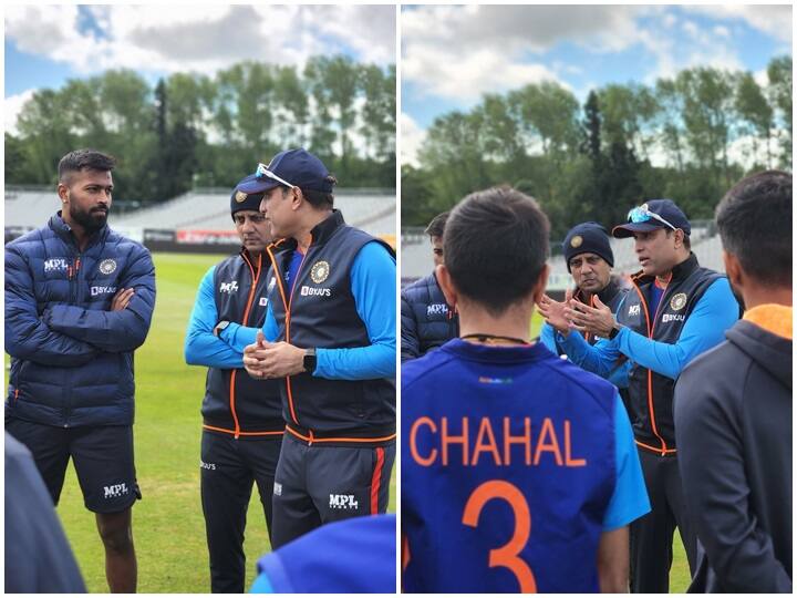 Before first T20 coach VVS Laxman and captain Hardik Pandya gave tips to Indian players IND vs IRE 1st T20I: सीरीज से पहले कोच और कप्तान ने भारतीय टीम को दिए टिप्स, देखें तस्वीरें