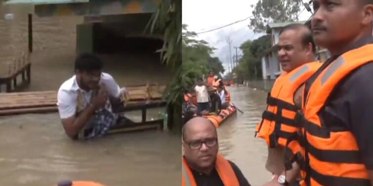 Assam Man Wades Through Waist-Deep Water To Greet Chief Minister, watch video Assam Floods: বন্যা পরিদর্শনে হিমন্ত, দেখে বাঁধ ভাঙল আবেগ, জল ঠেলেই 'গামোছা' উপহার, ভাইরাল অসমের ভিডিও