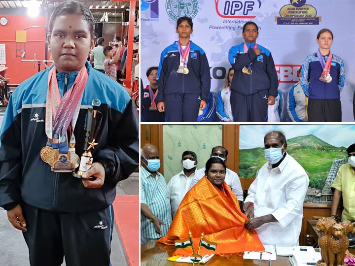 Puducherry student wins 3 gold medals at Asian Weightlifting Championships  Iron Lady of Asia ஆசியாவின் இரும்பு பெண்மணி பட்டம் பெற்ற புதுச்சேரி மாணவி - முதலமைச்சர் ரங்கசாமி வாழ்த்து