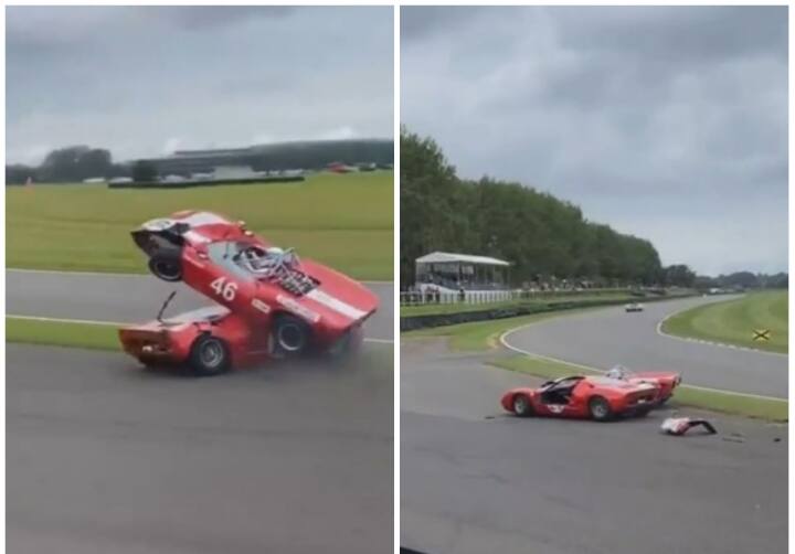 car climbed on top of car race track, video viral Watch: रेस ट्रैक पर कार के ऊपर चढ़ी दूसरी कार, हादसे का वीडियो बढ़ा रहा खौफ