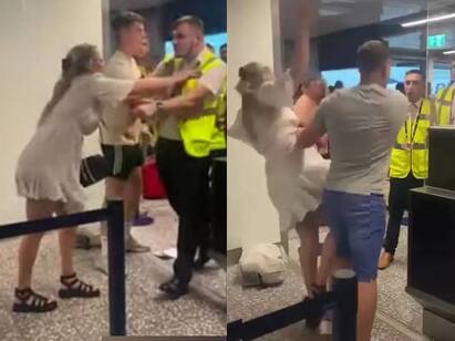 Intoxicated passenger shoves  to punch airport staff video viral குடிச்சா தப்பா? ஏர்போர்ட்டில் ரகளை செய்த போதை ஜோடி! ஊழியருக்கு முகத்தில் பஞ்ச்!