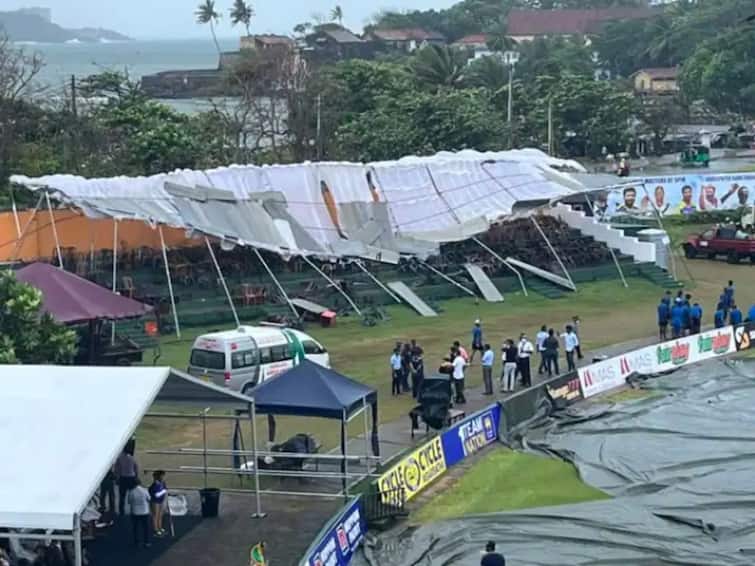 Stand collapsed in Galle international stadium due to heavy rain and storm before Second days play between Sri lanka and Australia Video, SL vs AUS : मुसळधार पाऊस, जोरदार वादळात चक्क मैदानातील स्टँडच उडालं, फोटोसह व्हिडीओही व्हायरल