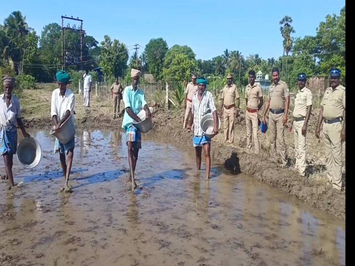 144 Prohibition order, direct paddy sowing held with police protection in mayiladuthurai 144 தடை உத்தரவு; மயிலாடுதுறையில் போலீஸ் பாதுகாப்புடன்  நேரடி நெல் விதைப்பு..!