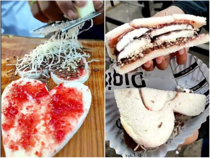 street food vendor in Gujarat made heart-shaped sandwich made of ice cream Watch: स्ट्रीट फूड वेंडर ने आइसक्रीम से बनाया दिल के शेप वाला सैंडविच, यूजर्स का फूटा गुस्सा