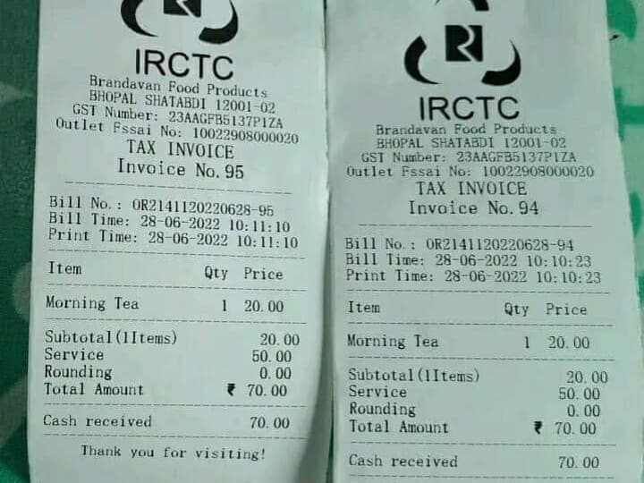Passenger Pays Rs 70 For A Cup of Tea During Train Journey, Shares Pic On Social Media Passenger Pays Rs 50 Service Fee For Rs 20 Tea On Shatabdi Train, Shares Pic On Twitter