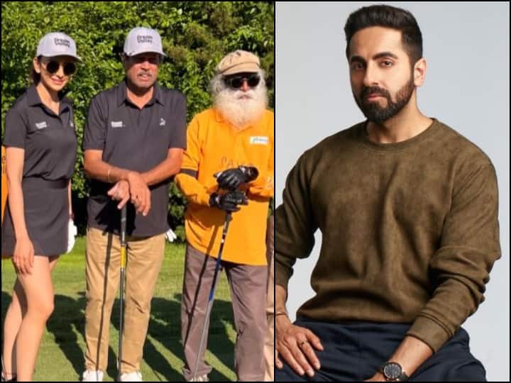 Rakul Preet Singh playing gold with Sadhguru and Kapil Dev Ayushmann Khurrana react Watch: सद्गुरु और कपिल देव के साथ गोल्फ खेलती नजर आईं Rakul Preet Singh, देखिए आयुष्मान का रिएक्शन